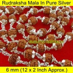 MANTRA SIDDHA RUDRAKSHA MALA IN PURE SILVER (6 MM 12" X 2 Inch) NATURAL BEADS
